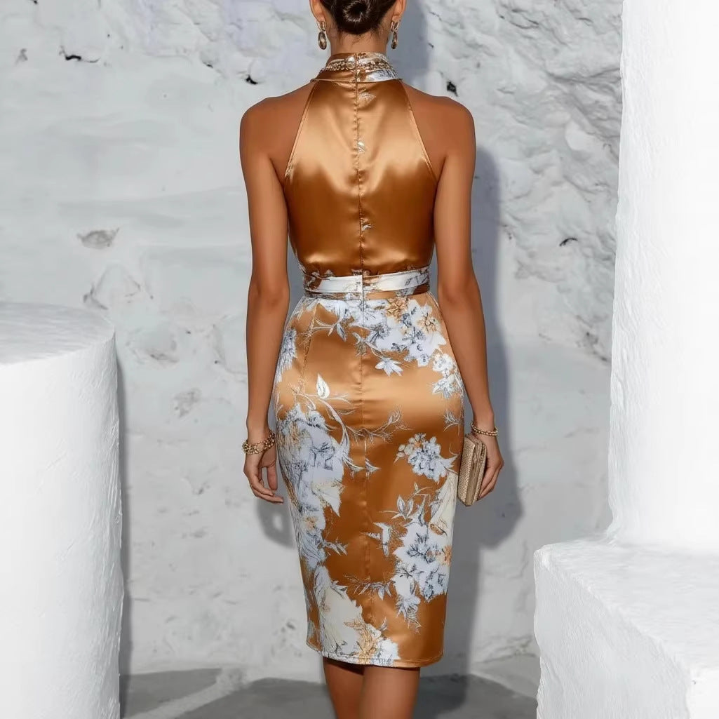 Style Halter-neck Printed Satin Dress