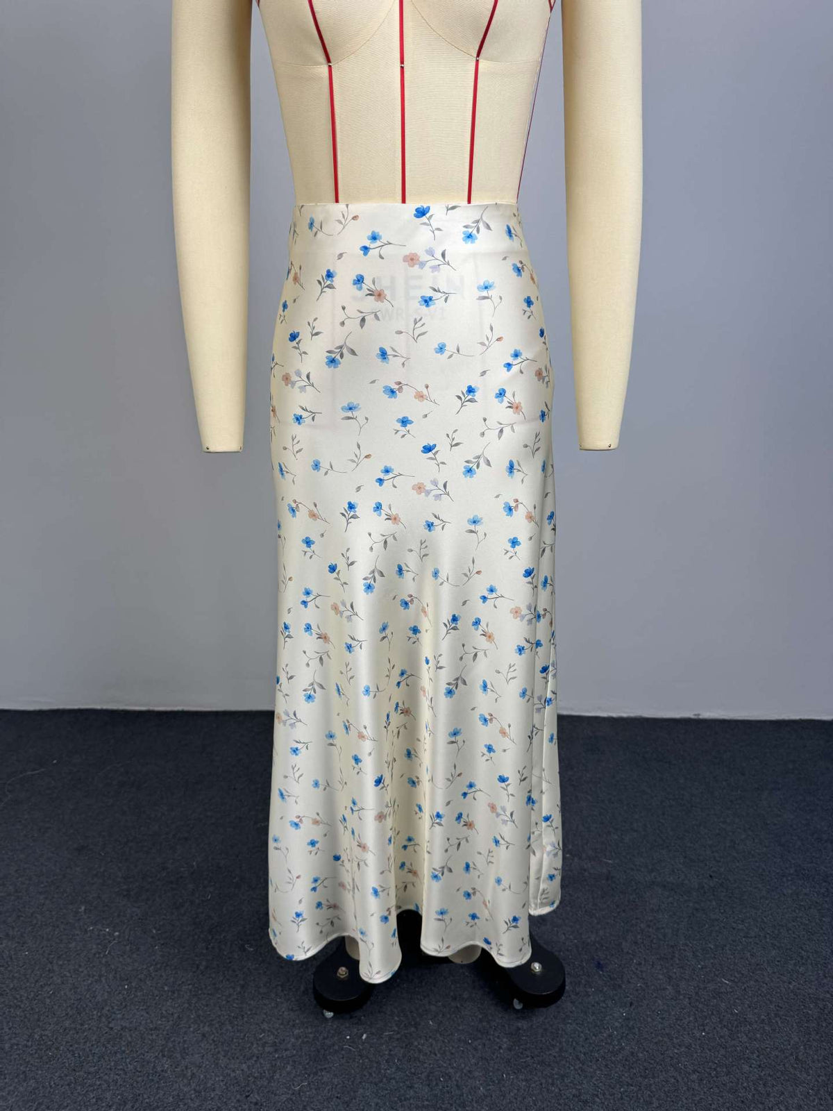 Base Ditsy Floral Print High Waist Satin Mermaid Midi Slip Skirt
