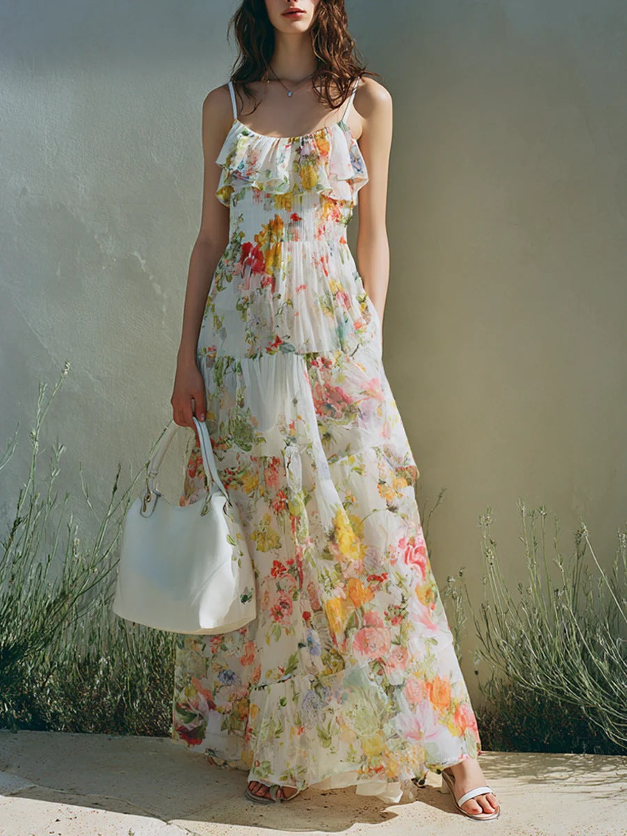 Summer Dress With A Long Bow Floral Print And Layered Chiffon
