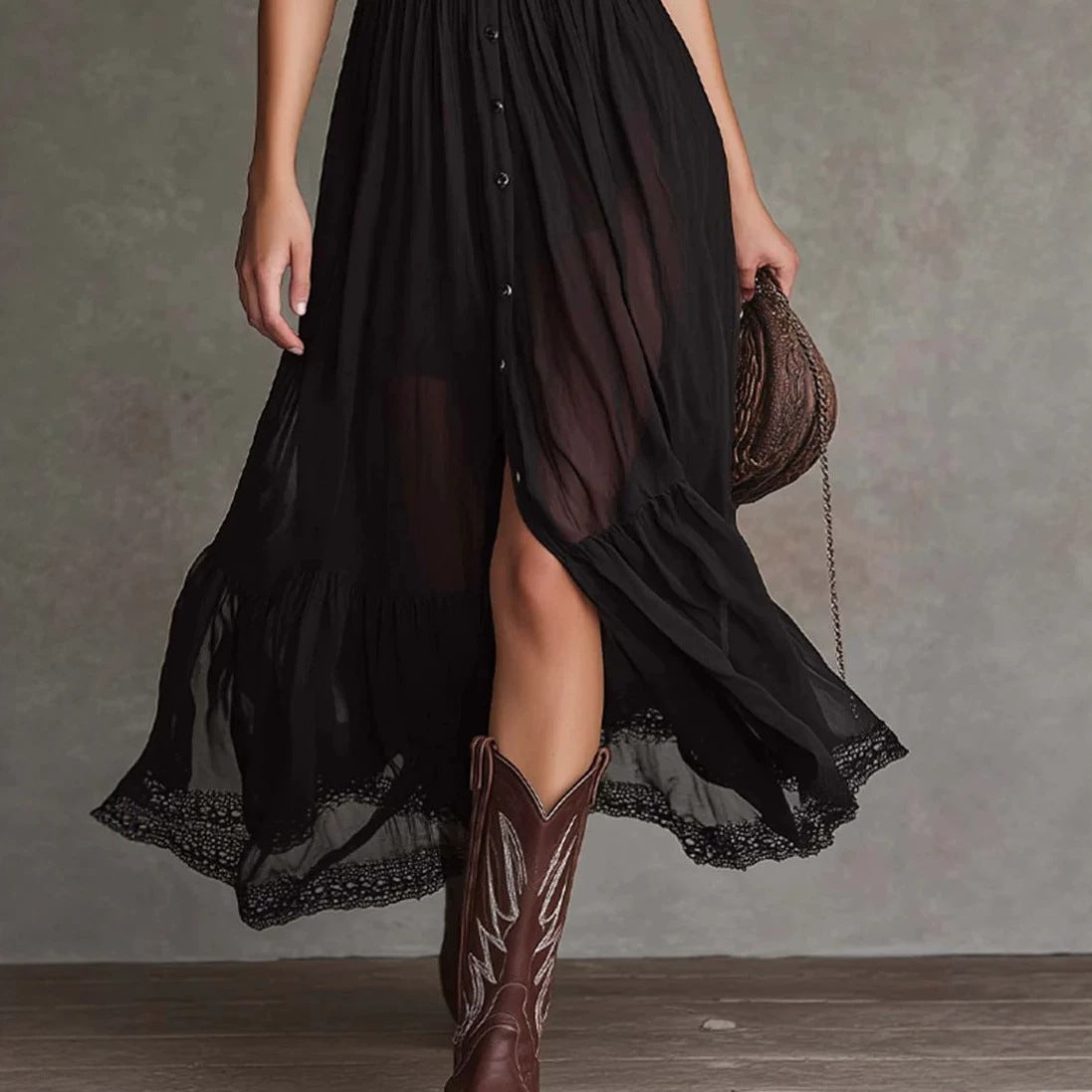 Fitted-waist Ruffled-edge Chic Dark-style V-neck Blouse Dress