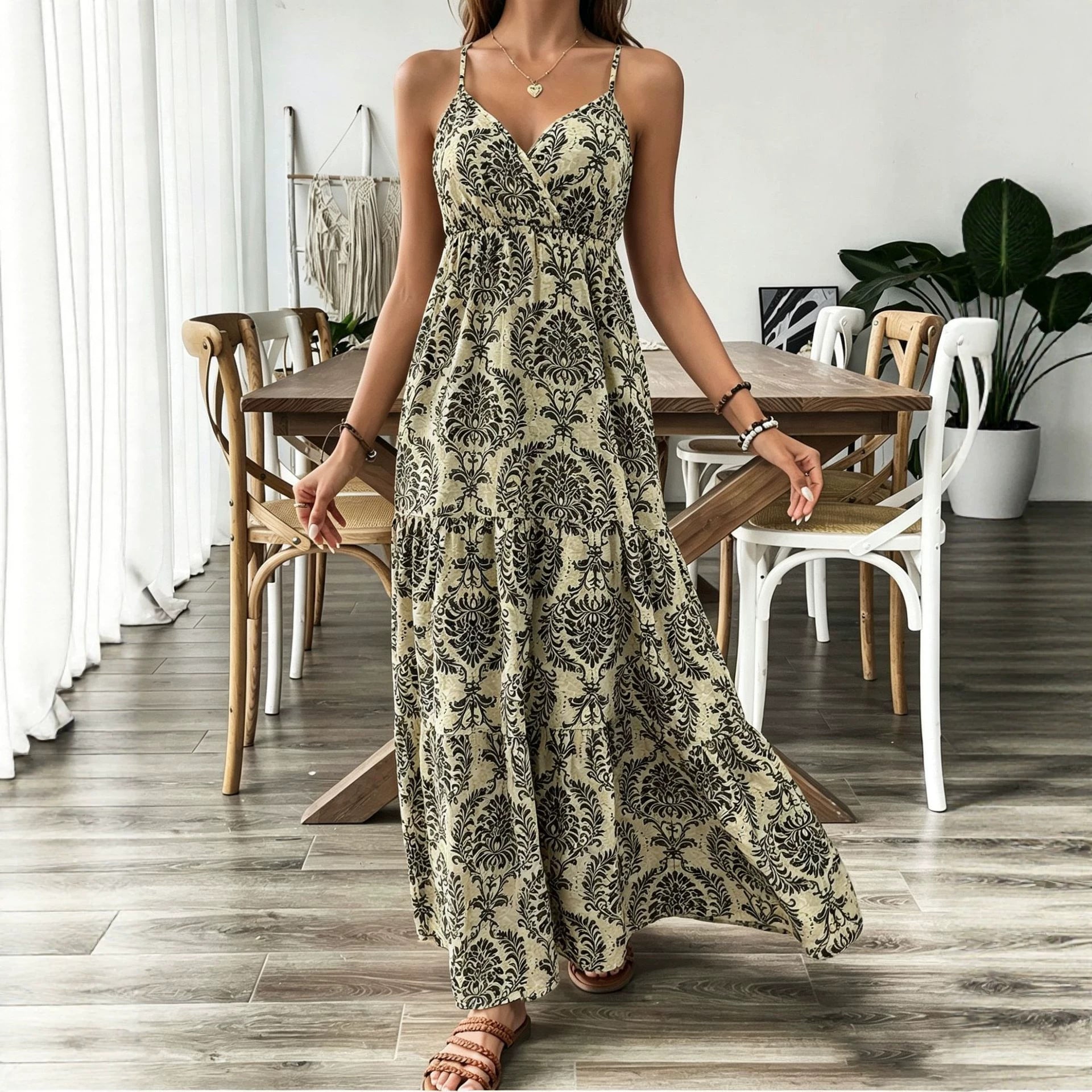 Retro V-neck Short-sleeve Printed Dress