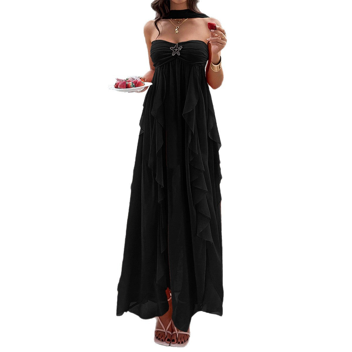 Boho-style Strapless Tiered Ruffle Dress