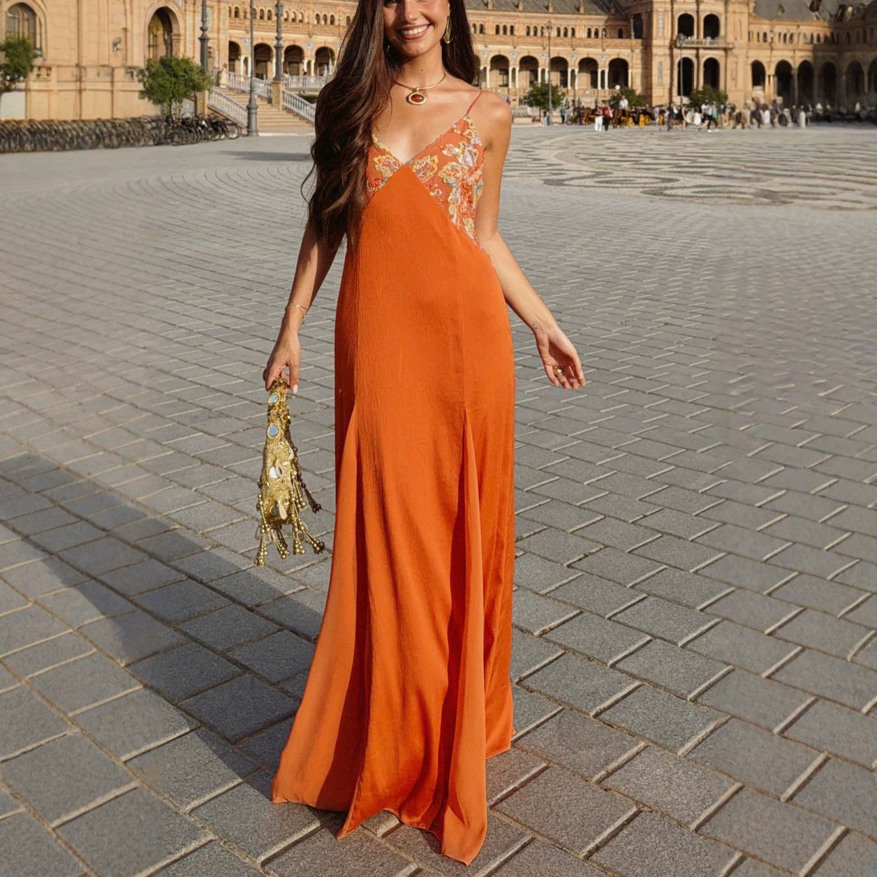 Spring Summer New Spaghetti-strap Satin Dress And Scarf Two-piece Set
