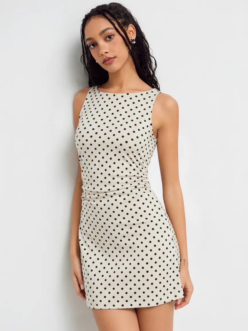 Vintage Polka Dot Sleeveless Dress Women's Boat Neck Slim Fit A-Line Mini…