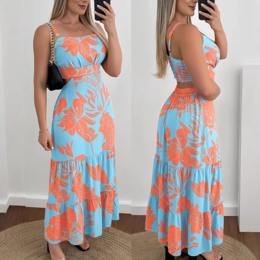 Rose-Print Strap Casual Dress