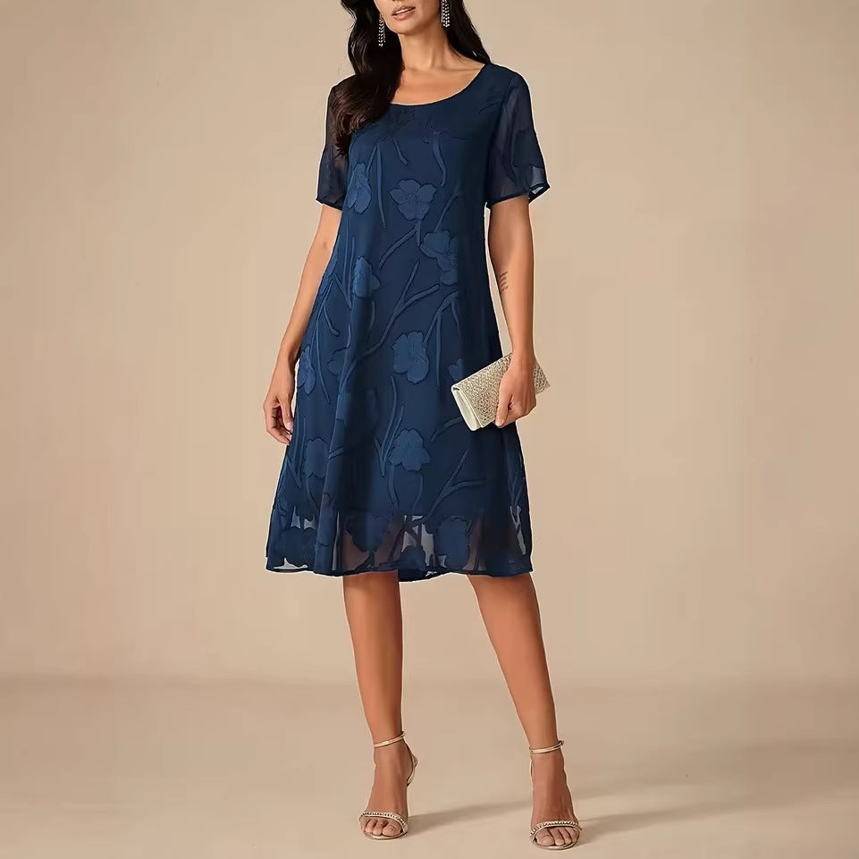 Spring Summer Solid-Color Crew-Neck Short-Sleeve Slim-Fit Dress