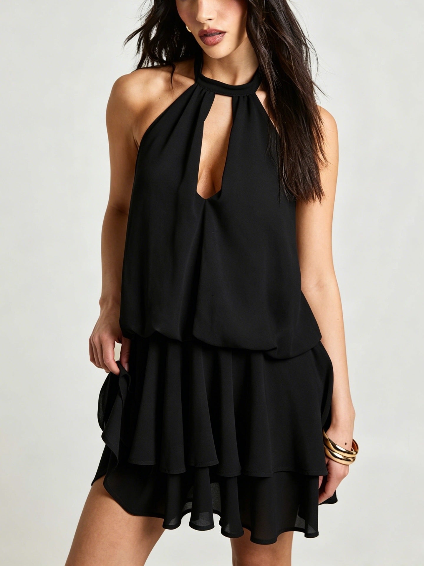Elegant Backless Chiffon Mini Dress With A Flounced Hem For Summer