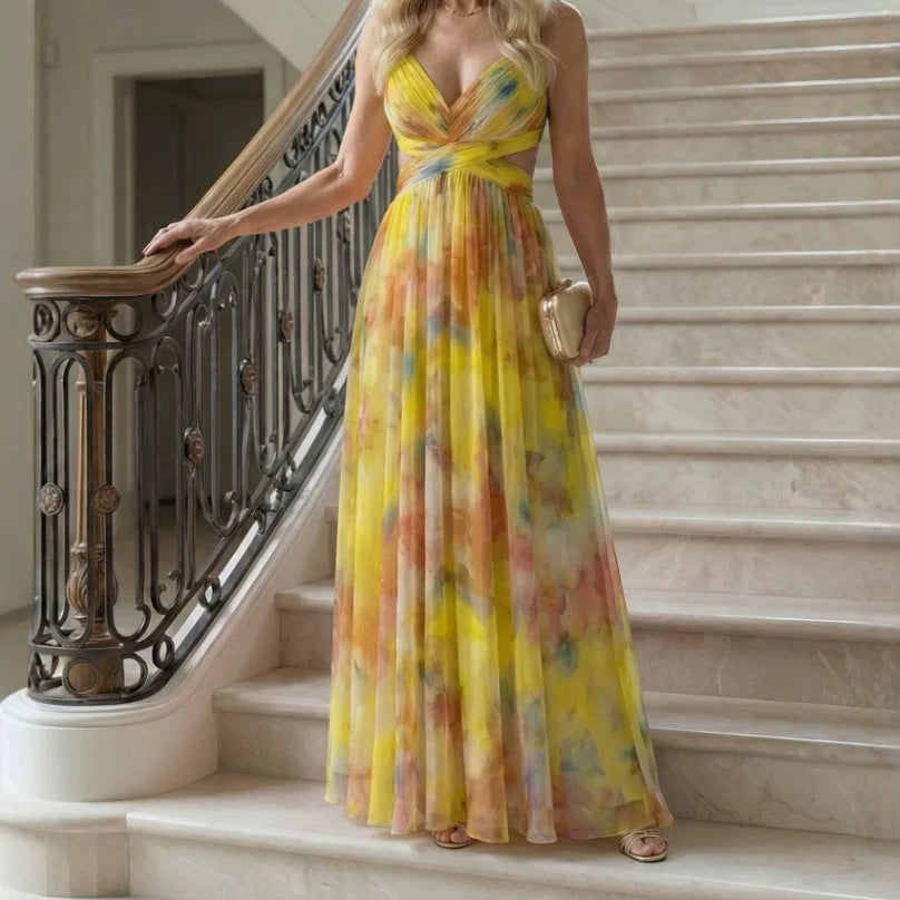 Digital-Print Chiffon Long Dress