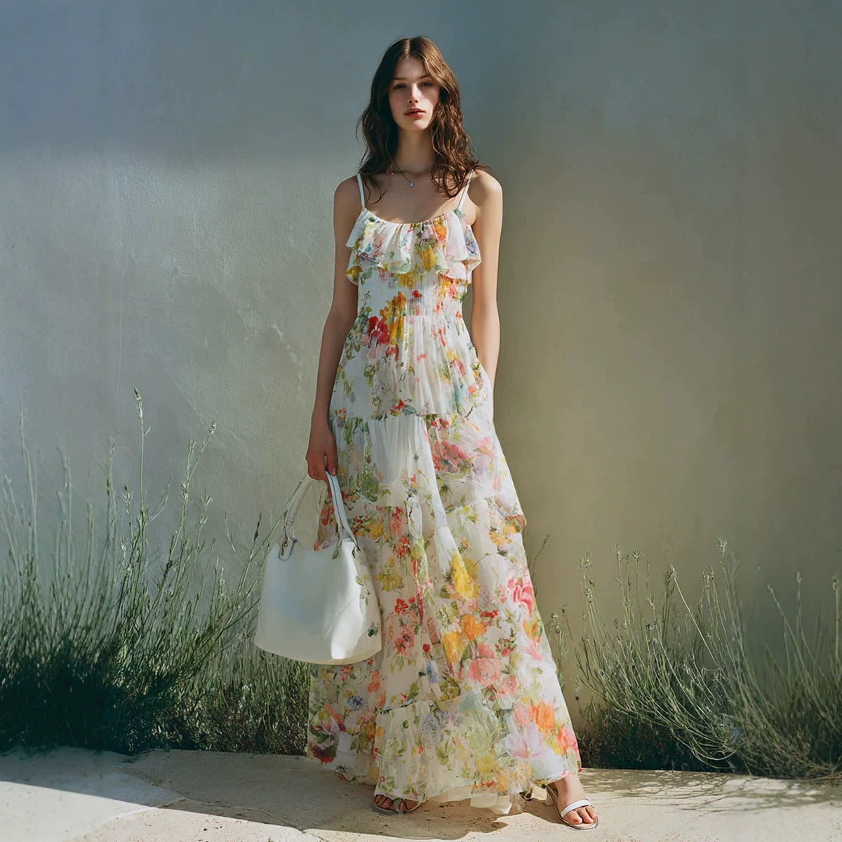 Summer Dress With A Long Bow Floral Print And Layered Chiffon