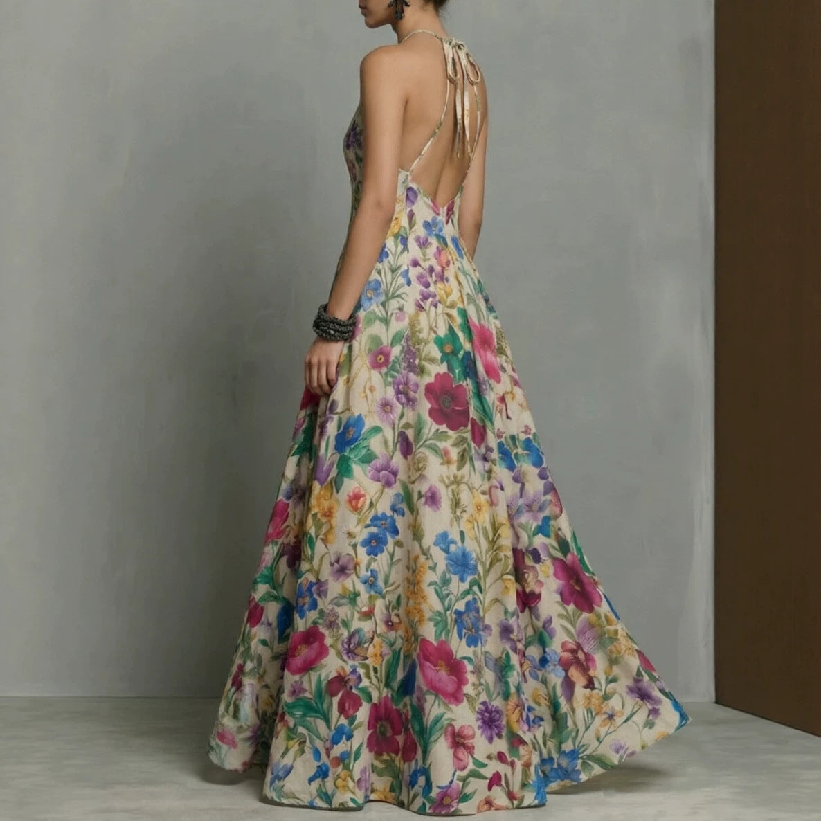 Plant And Floral Print Halter-neck Dress