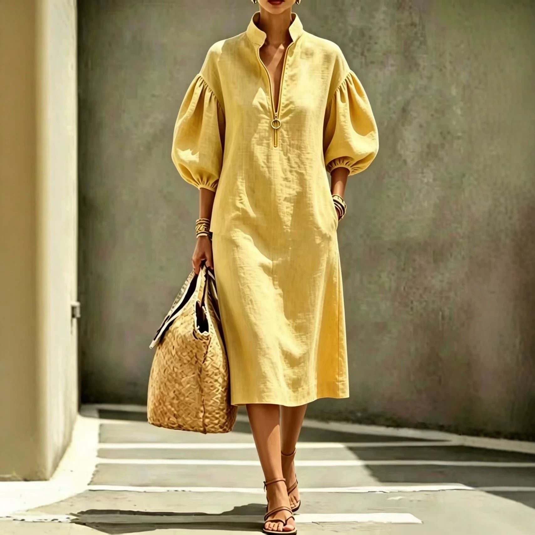 Summer Casual Loose-fit Stand-collar Puff-sleeve Dress