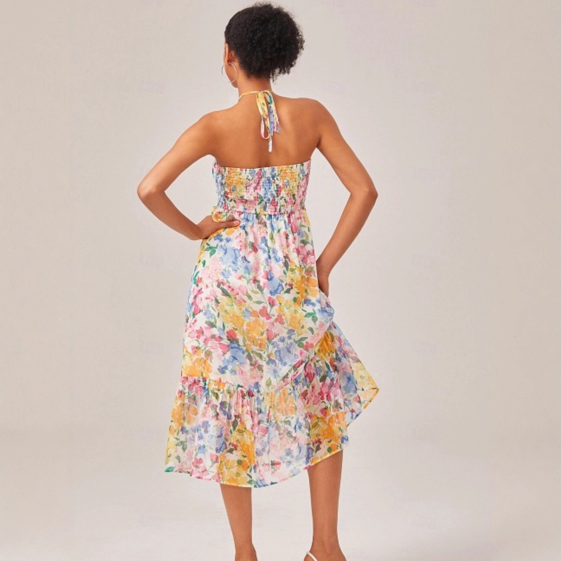 Vacation Floral Print Slip Dress Chiffon Halter Maxi Dress