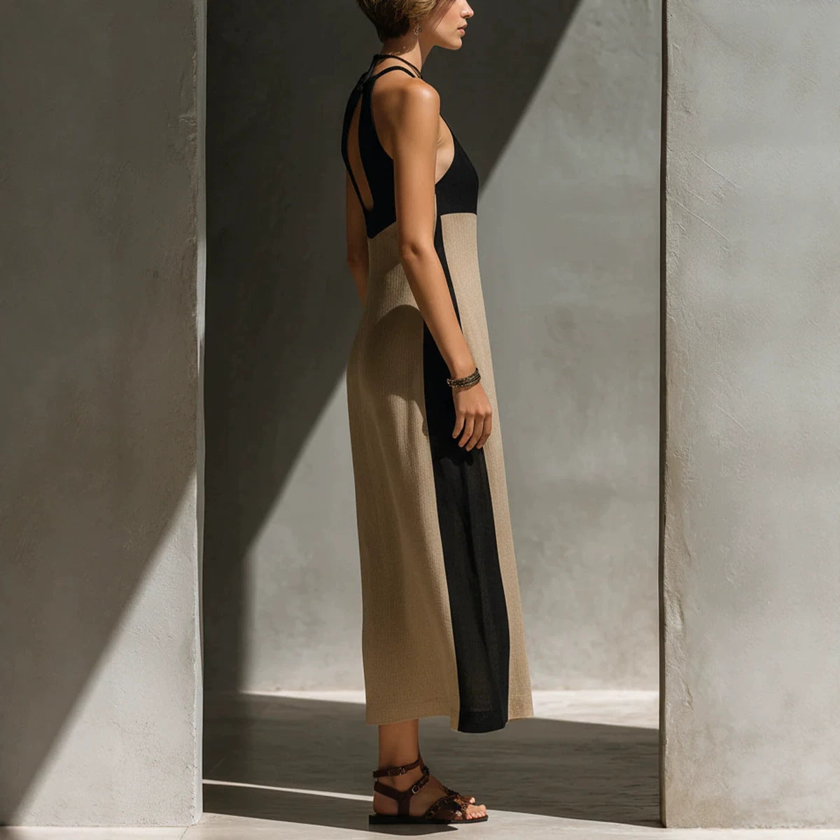 Hollow Out Color-blocked Linen Maxi Dress Fitting