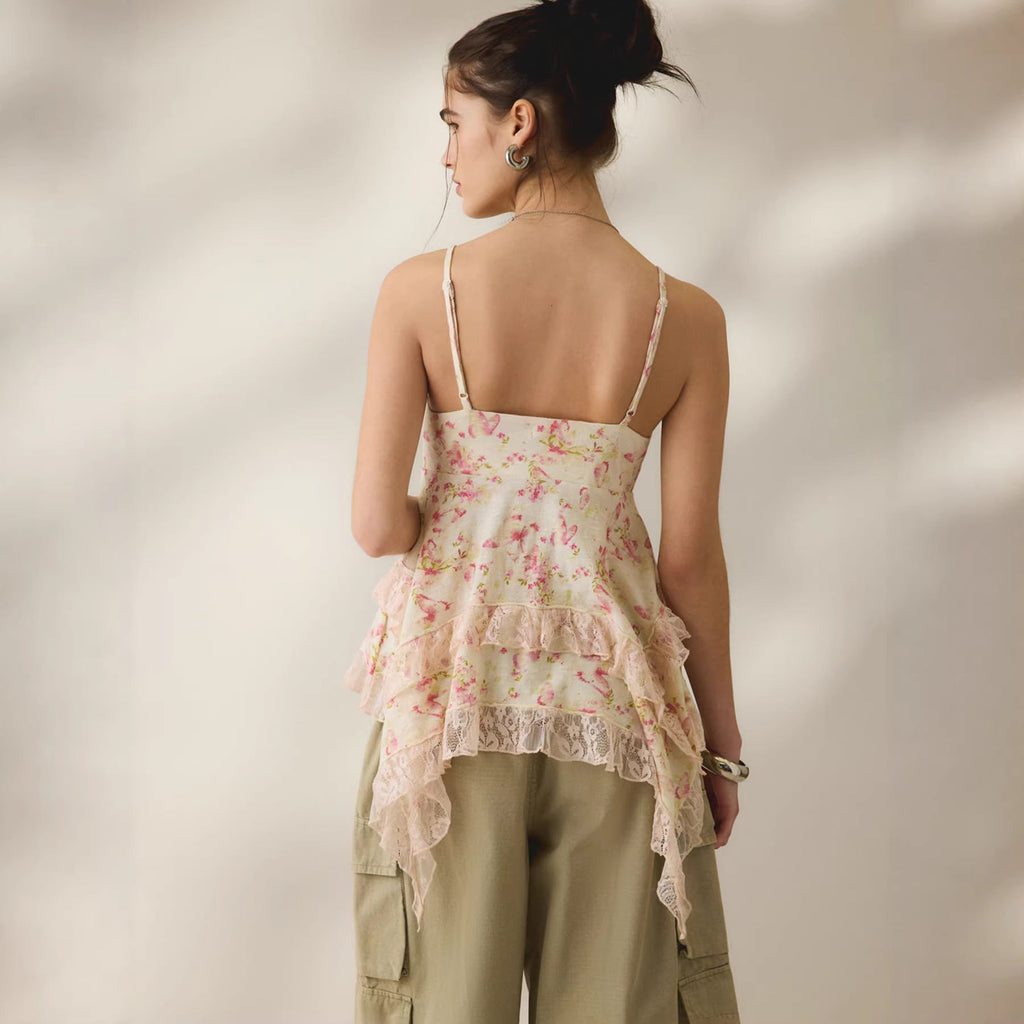 Retro Floral Chiffon Slimming Lace Flounce Strap Top