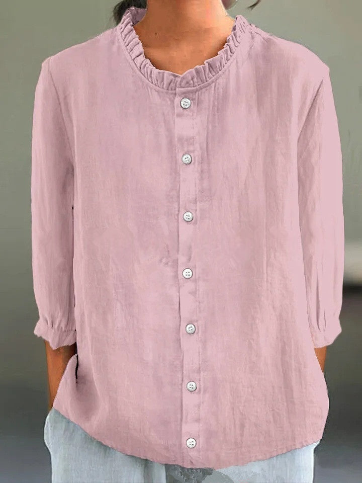 Casual Solid-Color Cotton-Linen Single-Breasted Shirt Set