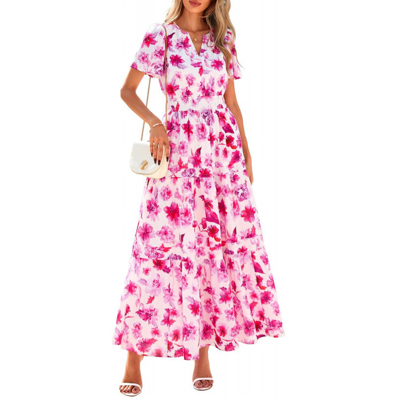 Retro Floral Short-Sleeve V-Neck Dress