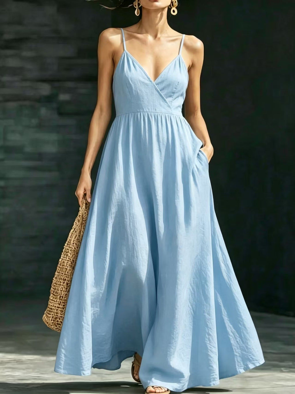 V-neck Pocketed Strap Backless Dress