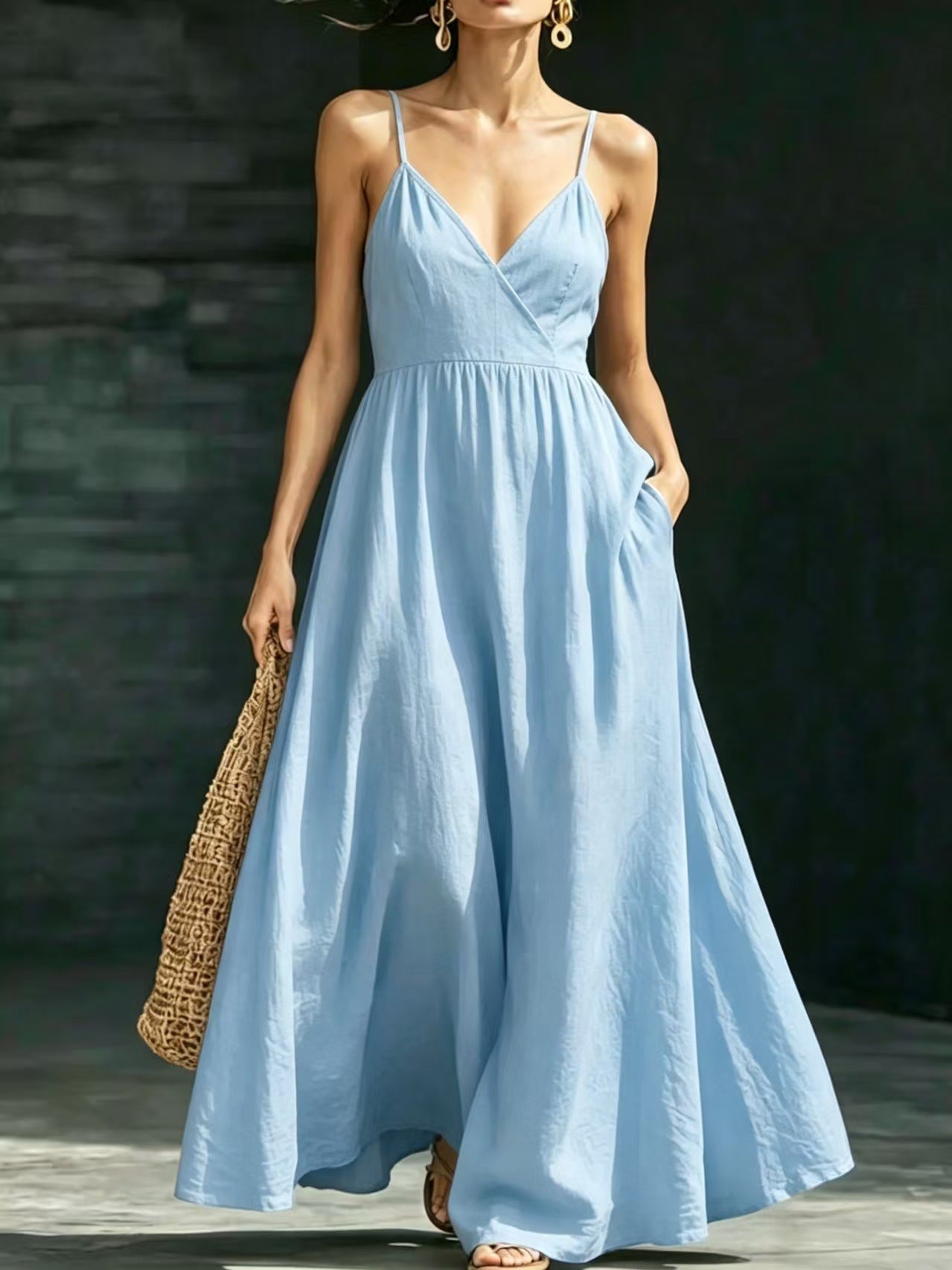 V-neck Pocketed Strap Backless Dress