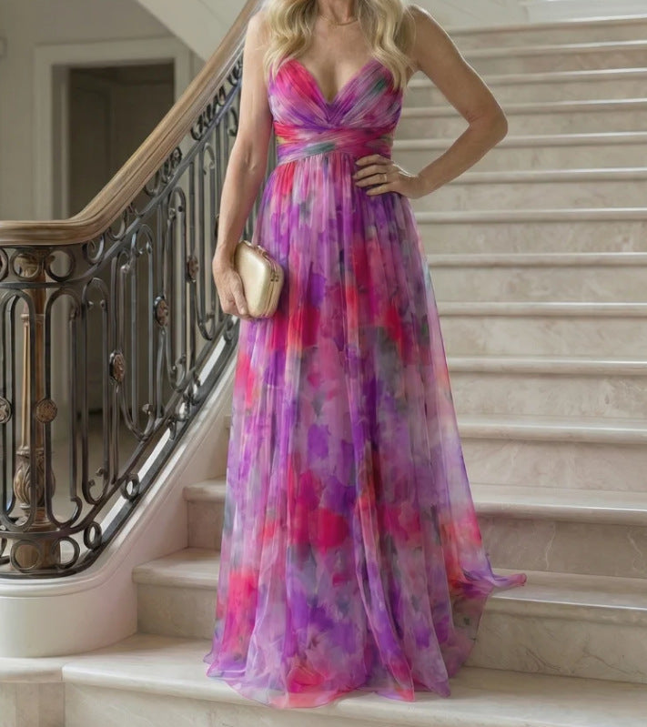 Digital-Print Chiffon Long Dress