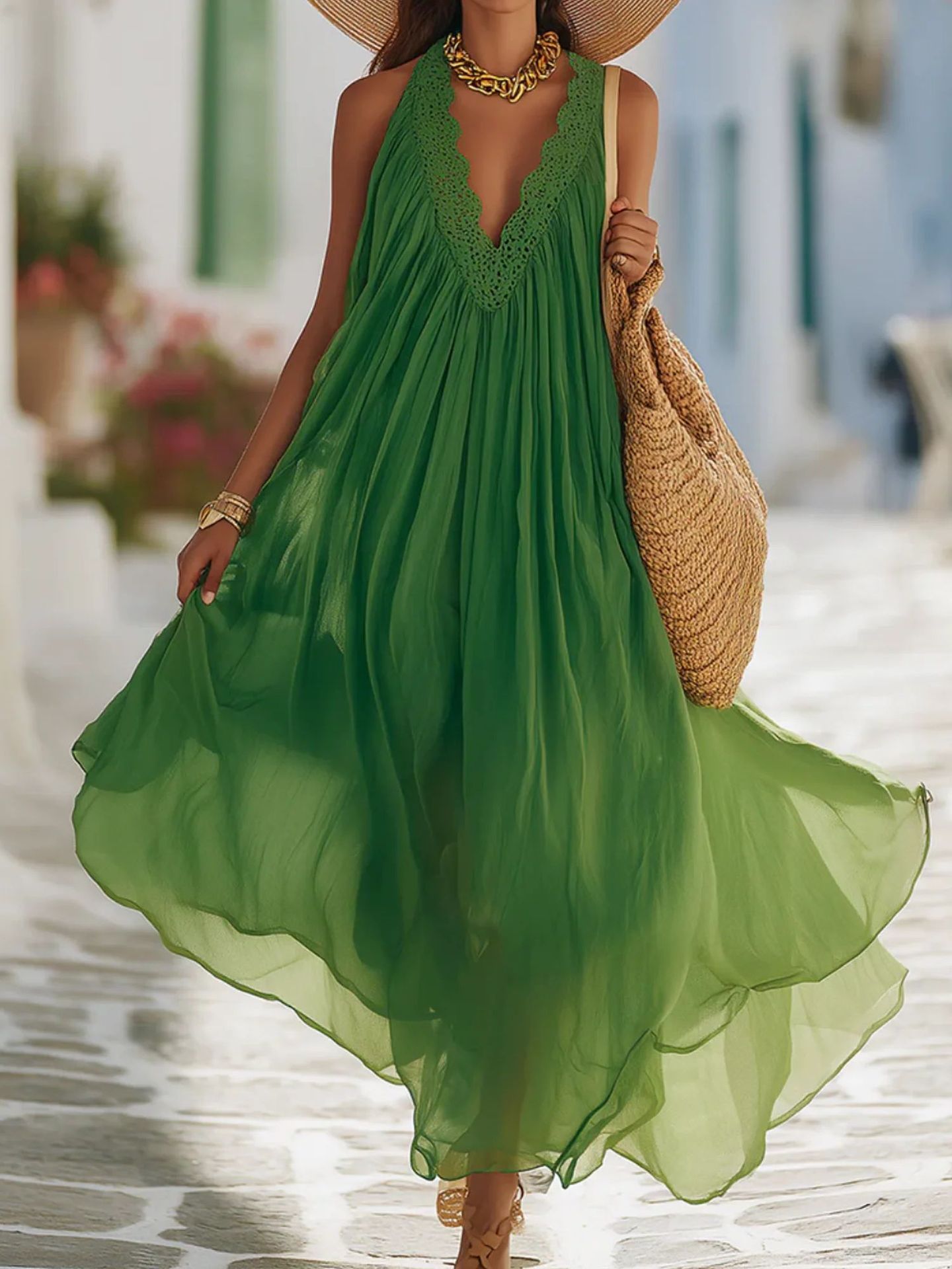 Off-shoulder Loose-fit Sleeveless V-neck Tank Dress