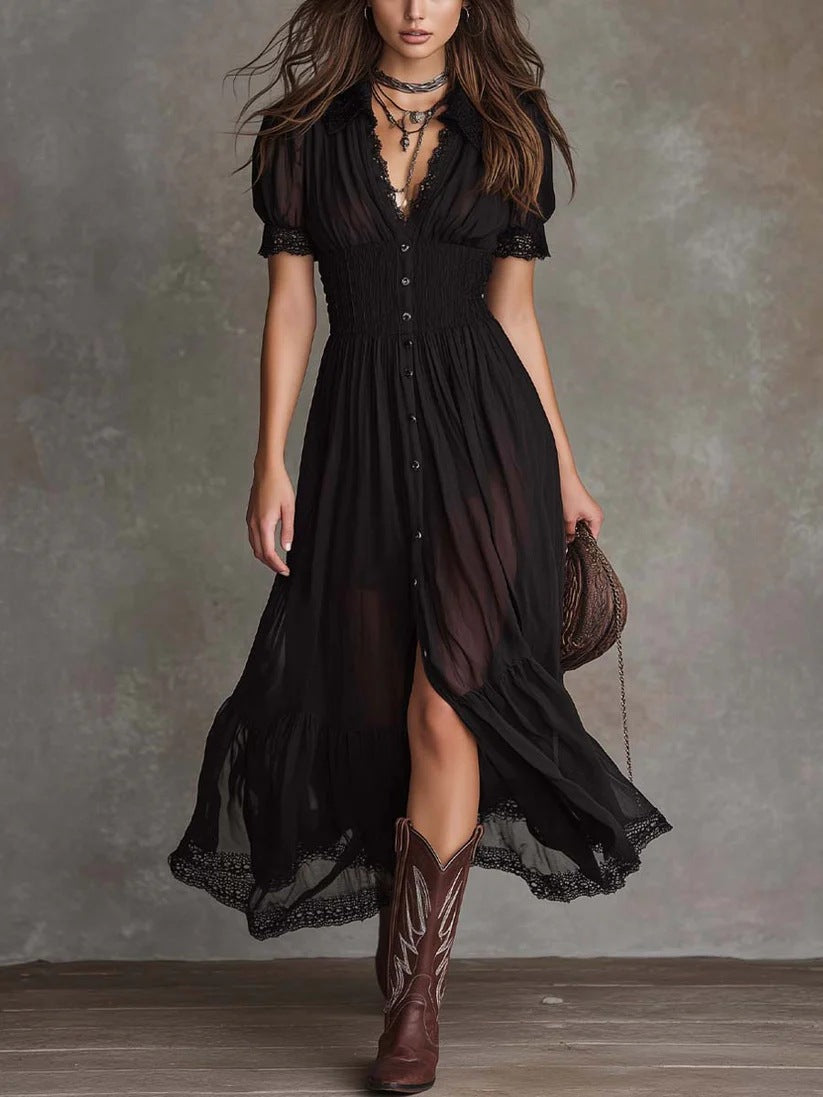 Fitted-waist Ruffled-edge Chic Dark-style V-neck Blouse Dress