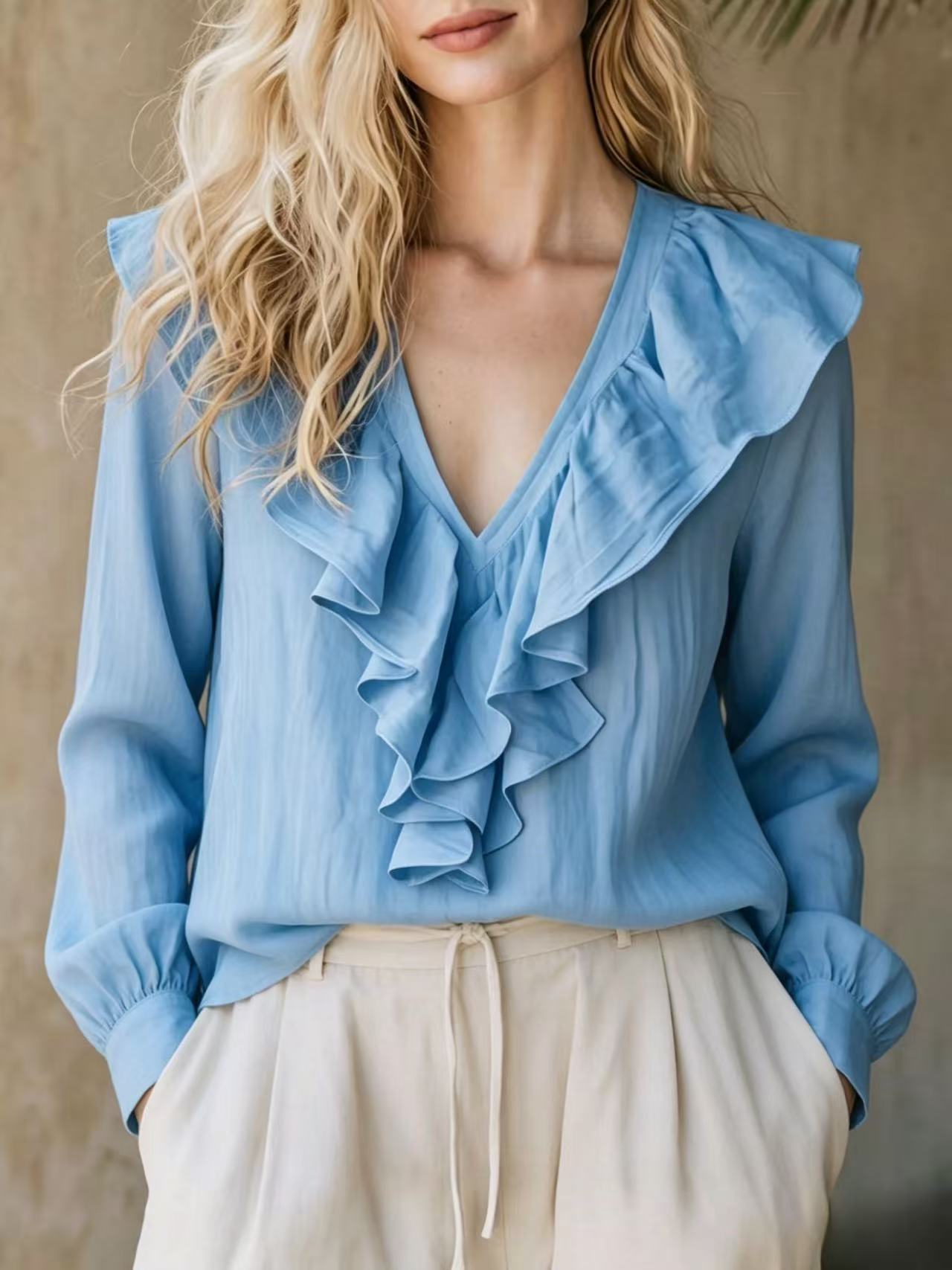 Lace-trimmed V-neck Linen French-style Long-sleeve Top