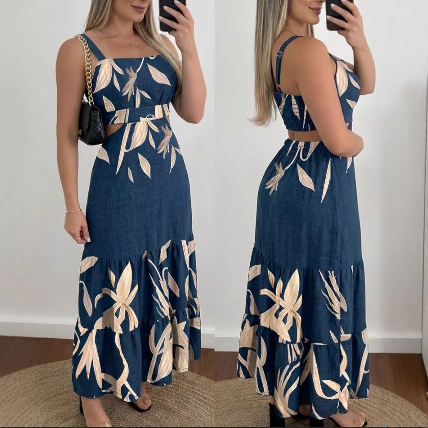 Rose-Print Strap Casual Dress