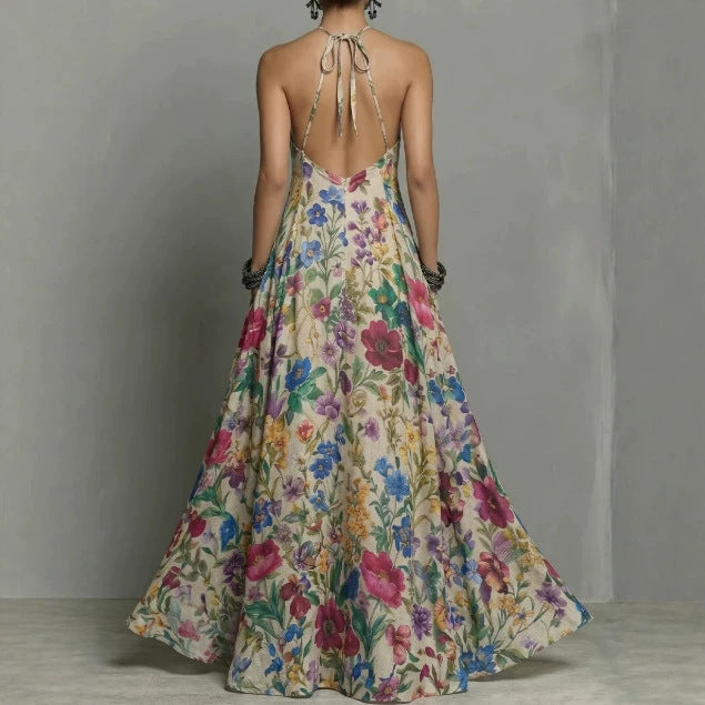 Plant And Floral Print Halter-neck Dress
