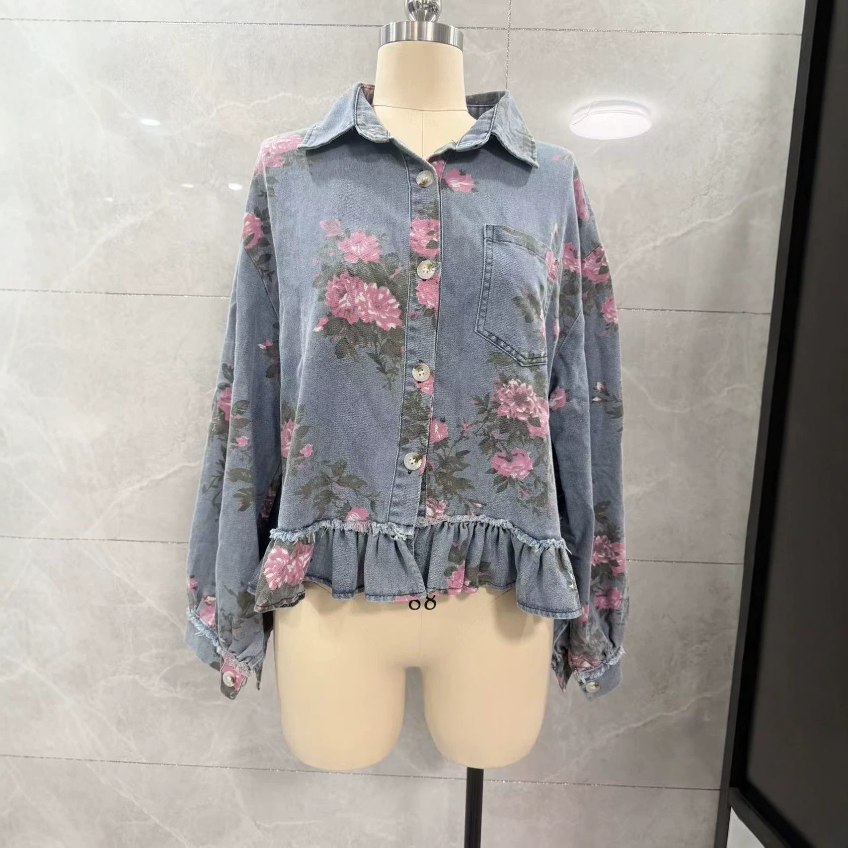Vintage Washed Denim Jacket Floral Print Loose-Fit Long-Sleeve Shirt