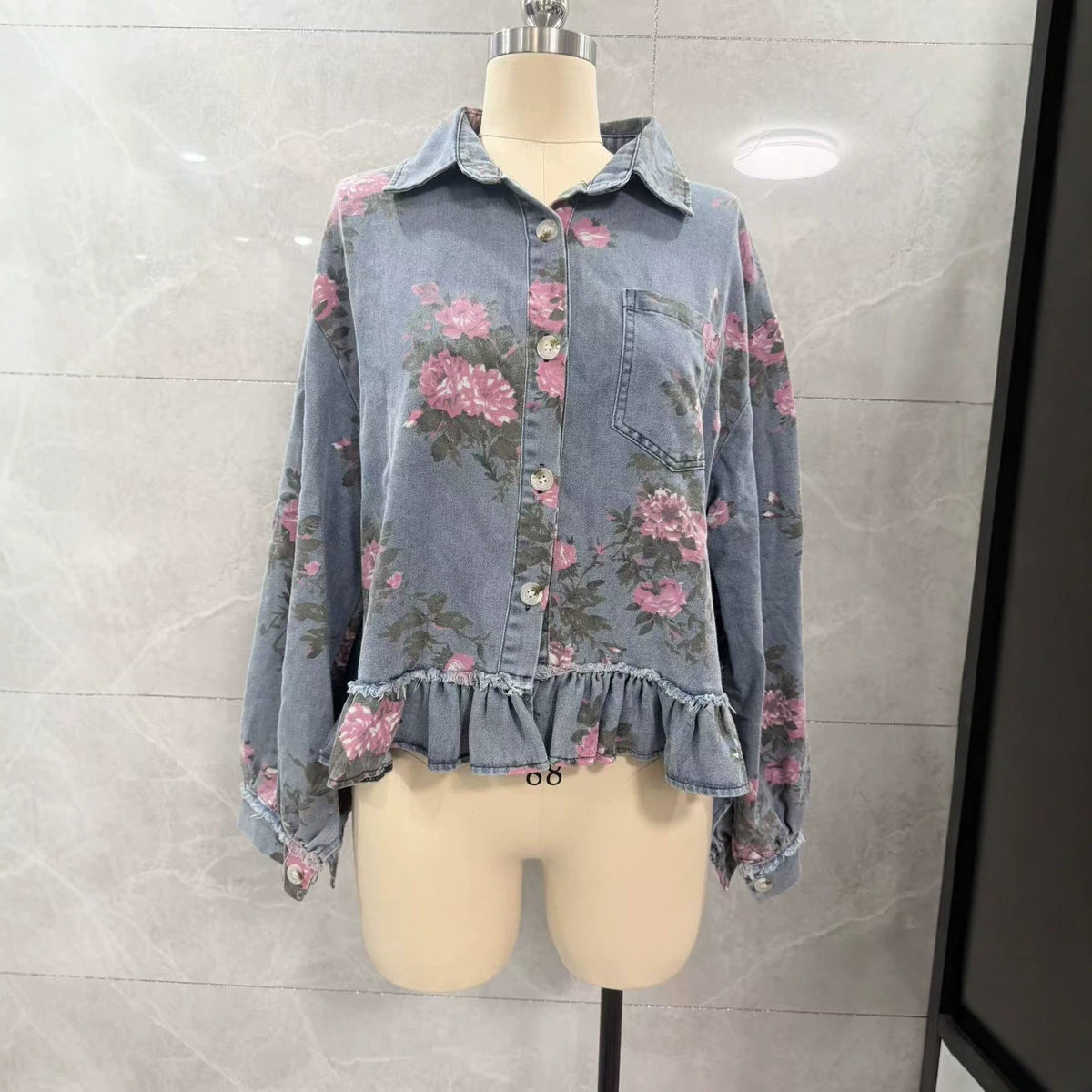 Vintage Washed Denim Jacket Floral Print Loose-Fit Long-Sleeve Shirt
