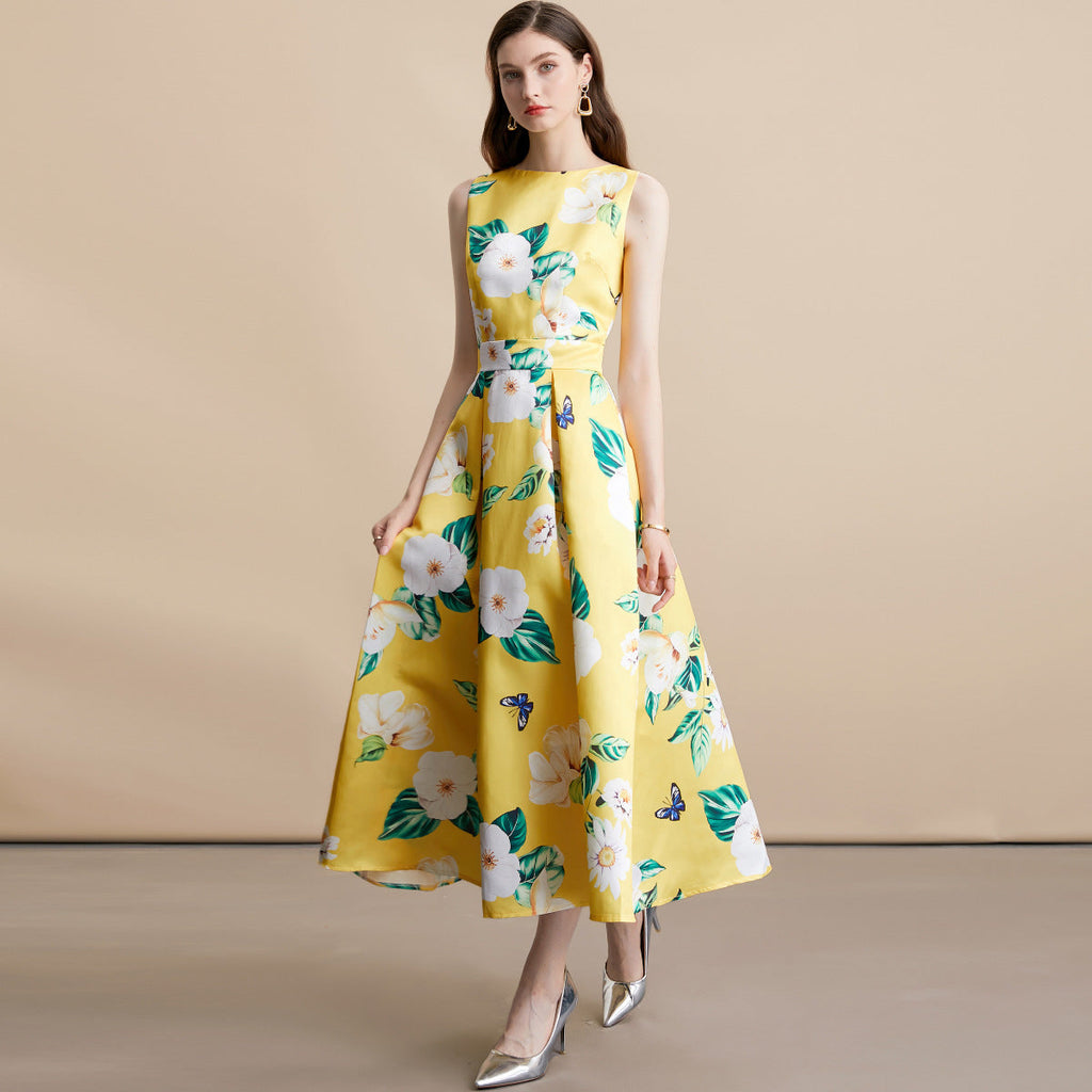 Celebrity-style Sleeveless Printed Waist-cinching Maxi Dress