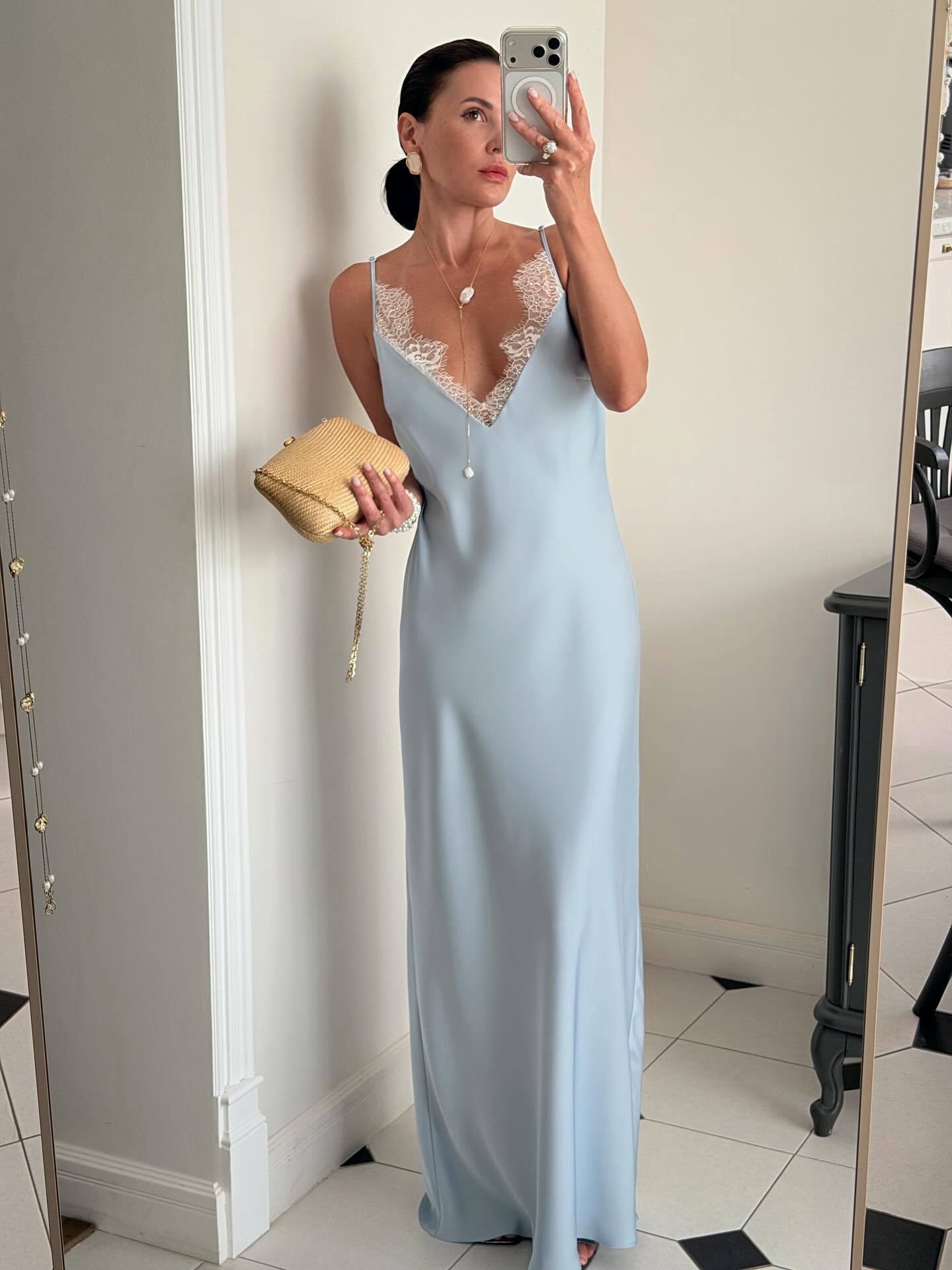Lace Trim V-Neck Spaghetti Strap Maxi Slip Dress