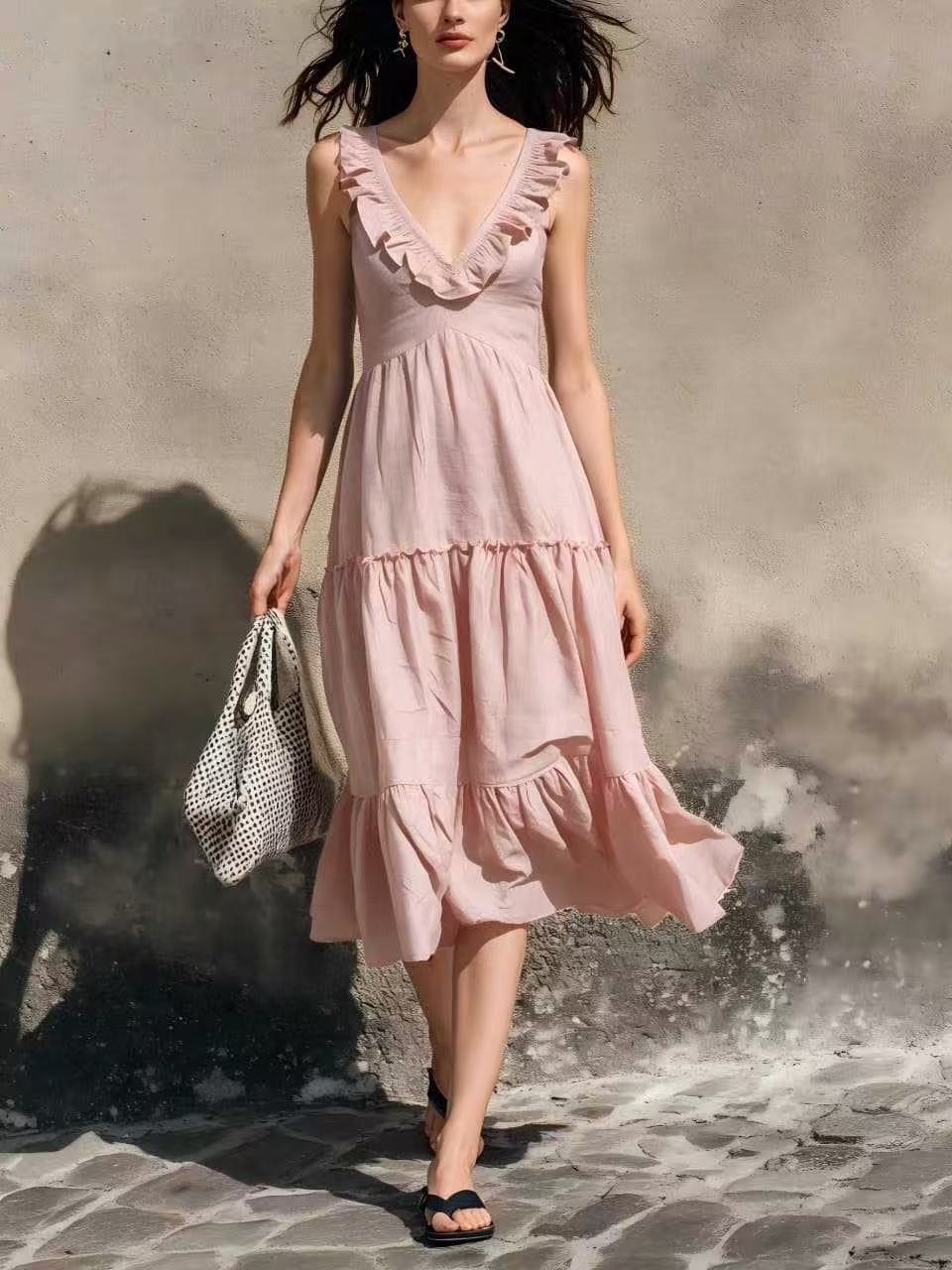 V-neck Ruffled High-waisted Figure-flattering Midi Dress