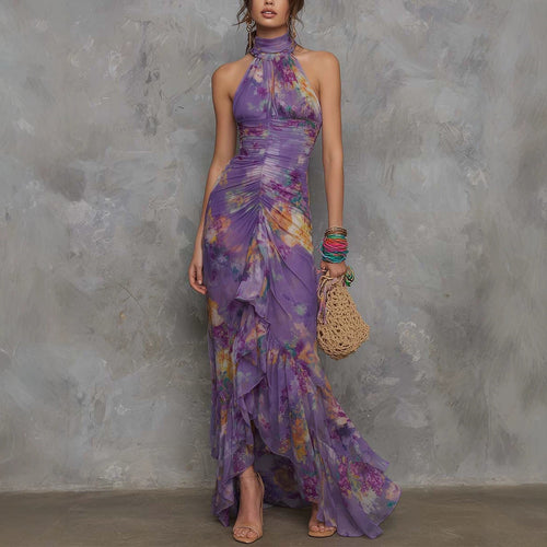 Casual Scoop-neck Low-cut Off-shoulder Colorful-printed Asymmetrical Wrap…
