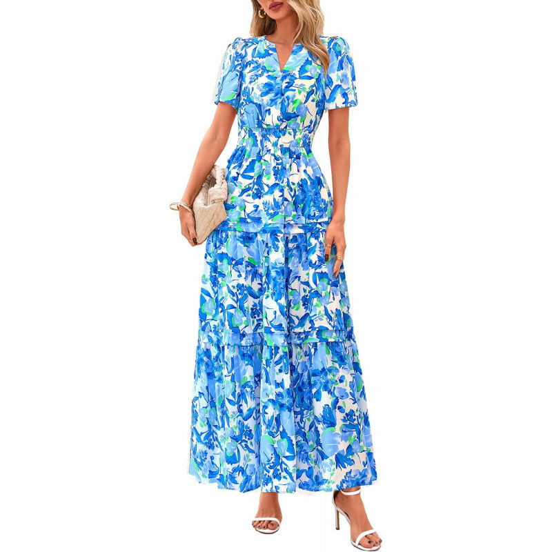 Retro Floral Short-Sleeve V-Neck Dress