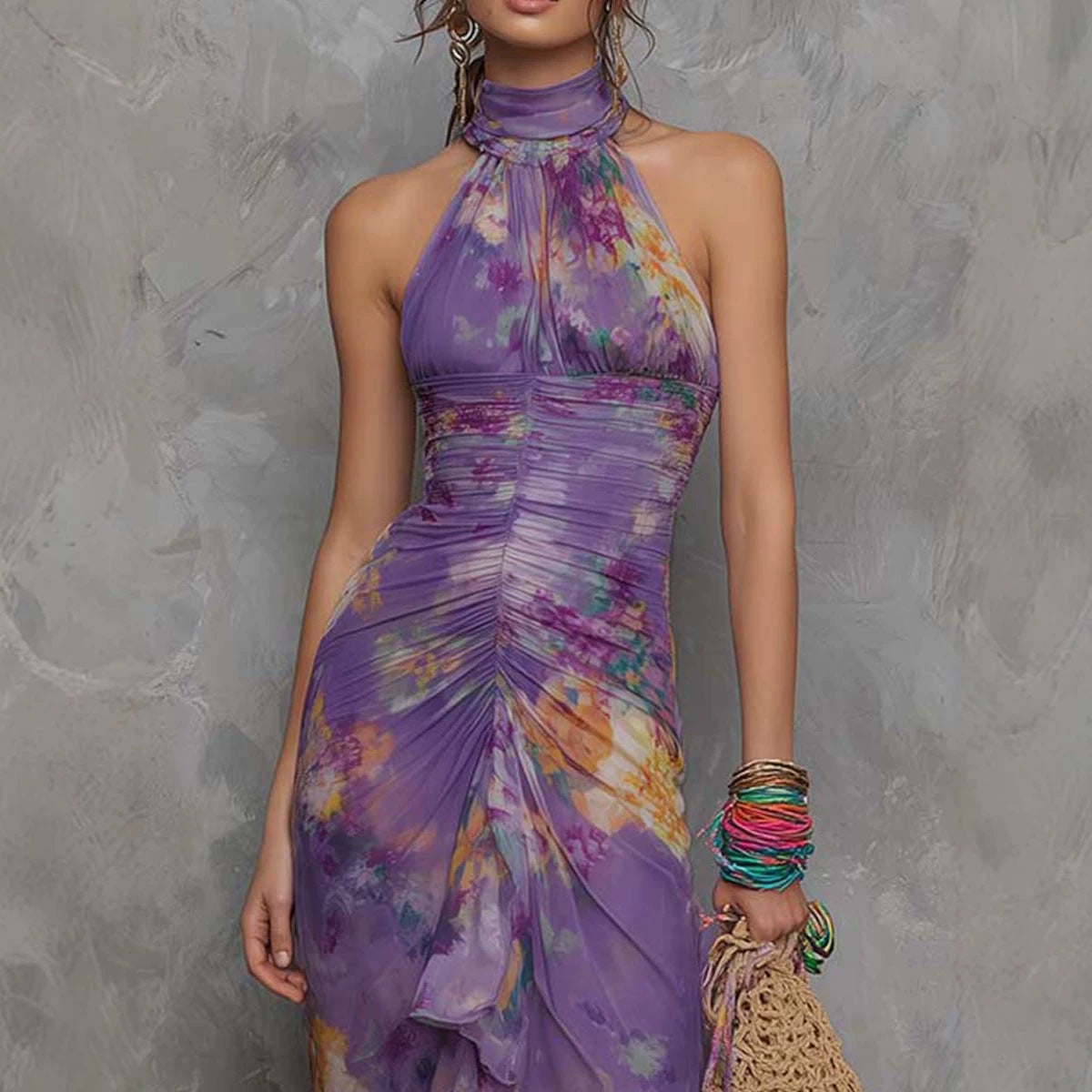 Casual Scoop-neck Low-cut Off-shoulder Colorful-printed Asymmetrical Wrap…