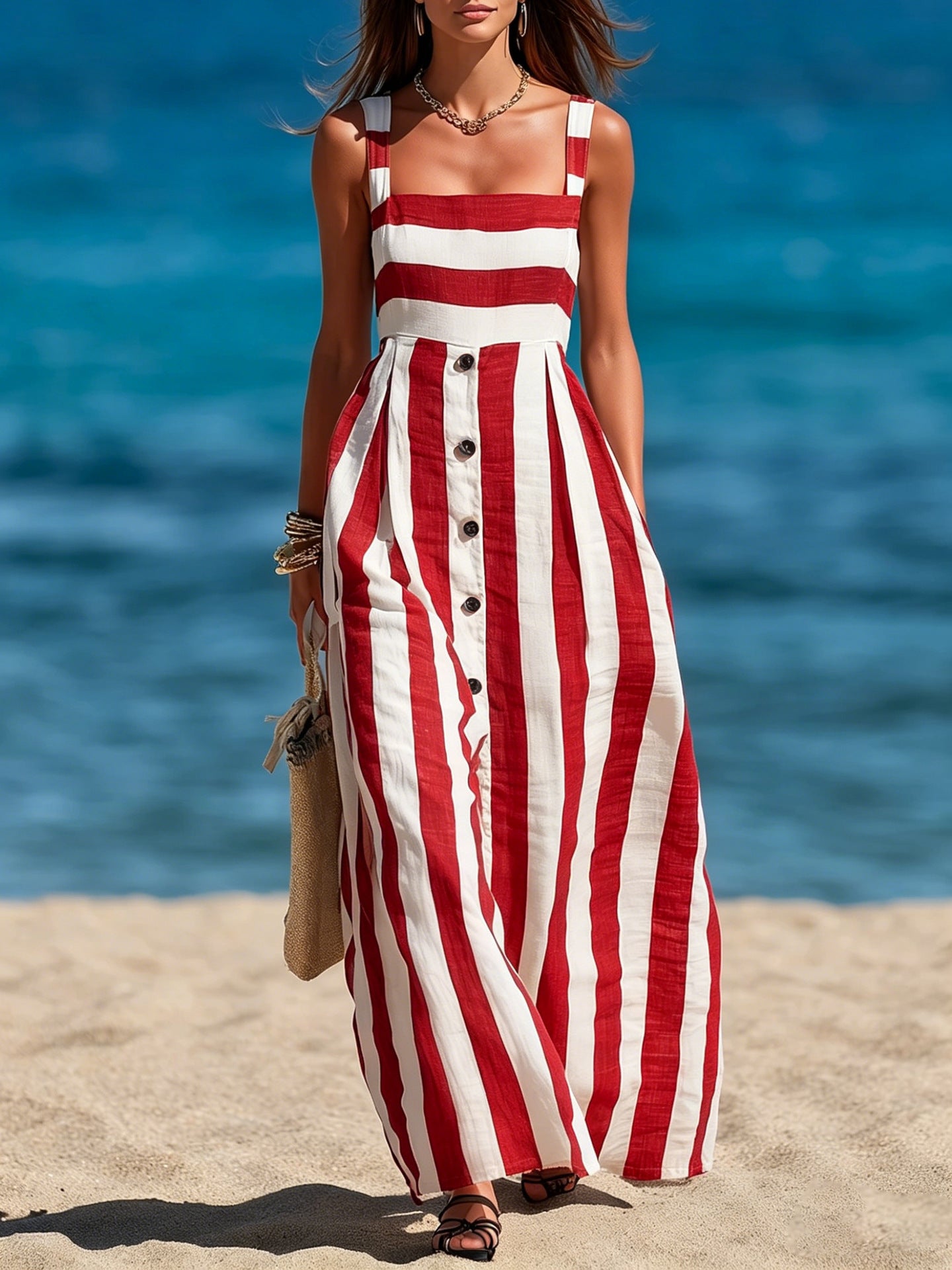 Strap Single-breasted Sleeveless Linen Maxi Dress