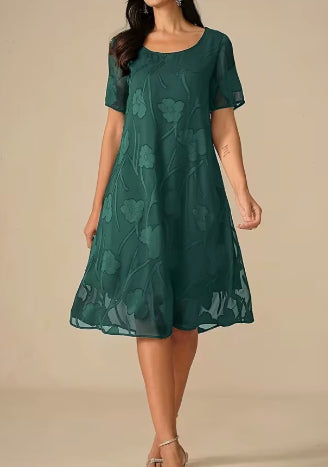 Spring Summer Solid-Color Crew-Neck Short-Sleeve Slim-Fit Dress