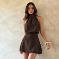 Solid-color Waist-cinching Chiffon Halter Dress