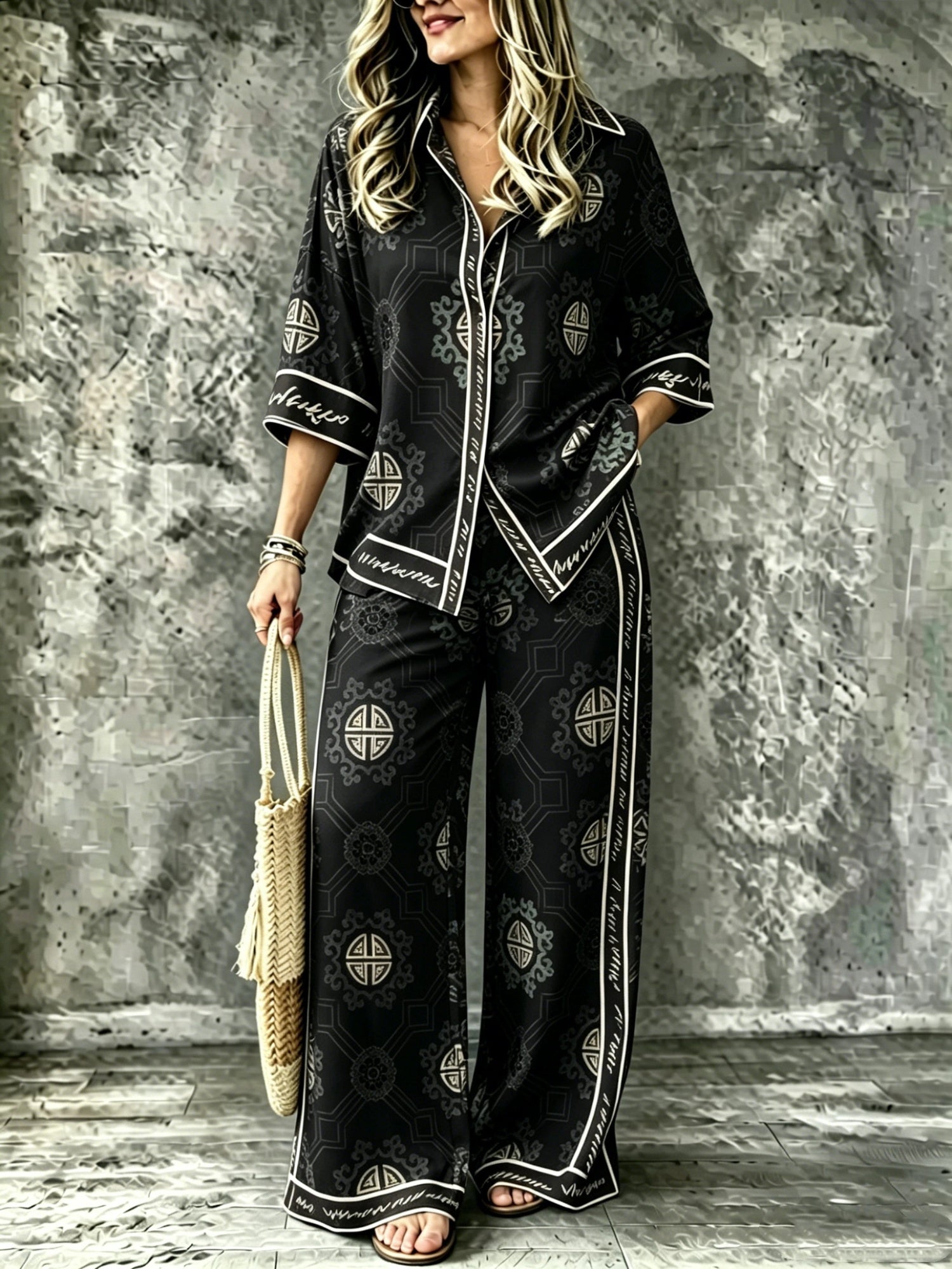 Spring Summer Digital-Print Shirt And Pants Set