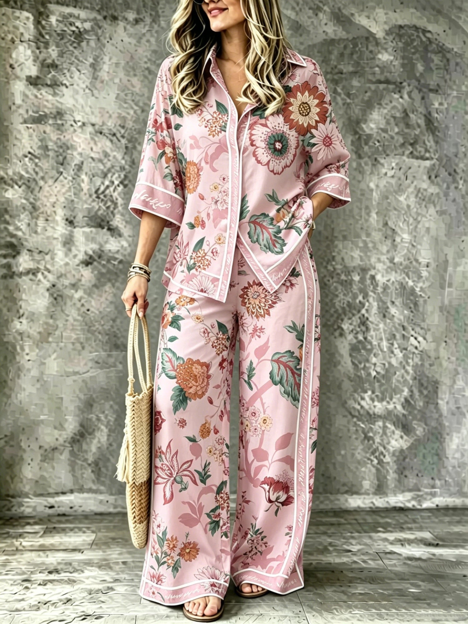 Spring Summer Digital-Print Shirt And Pants Set