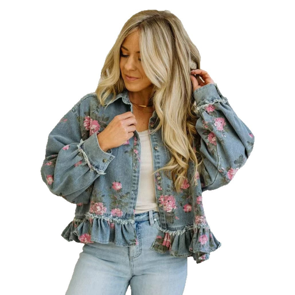 Vintage Washed Denim Jacket Floral Print Loose-Fit Long-Sleeve Shirt