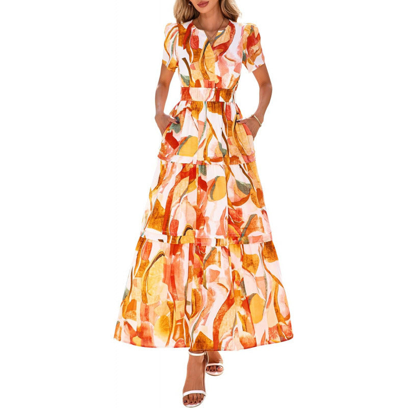 Retro Floral Short-Sleeve V-Neck Dress