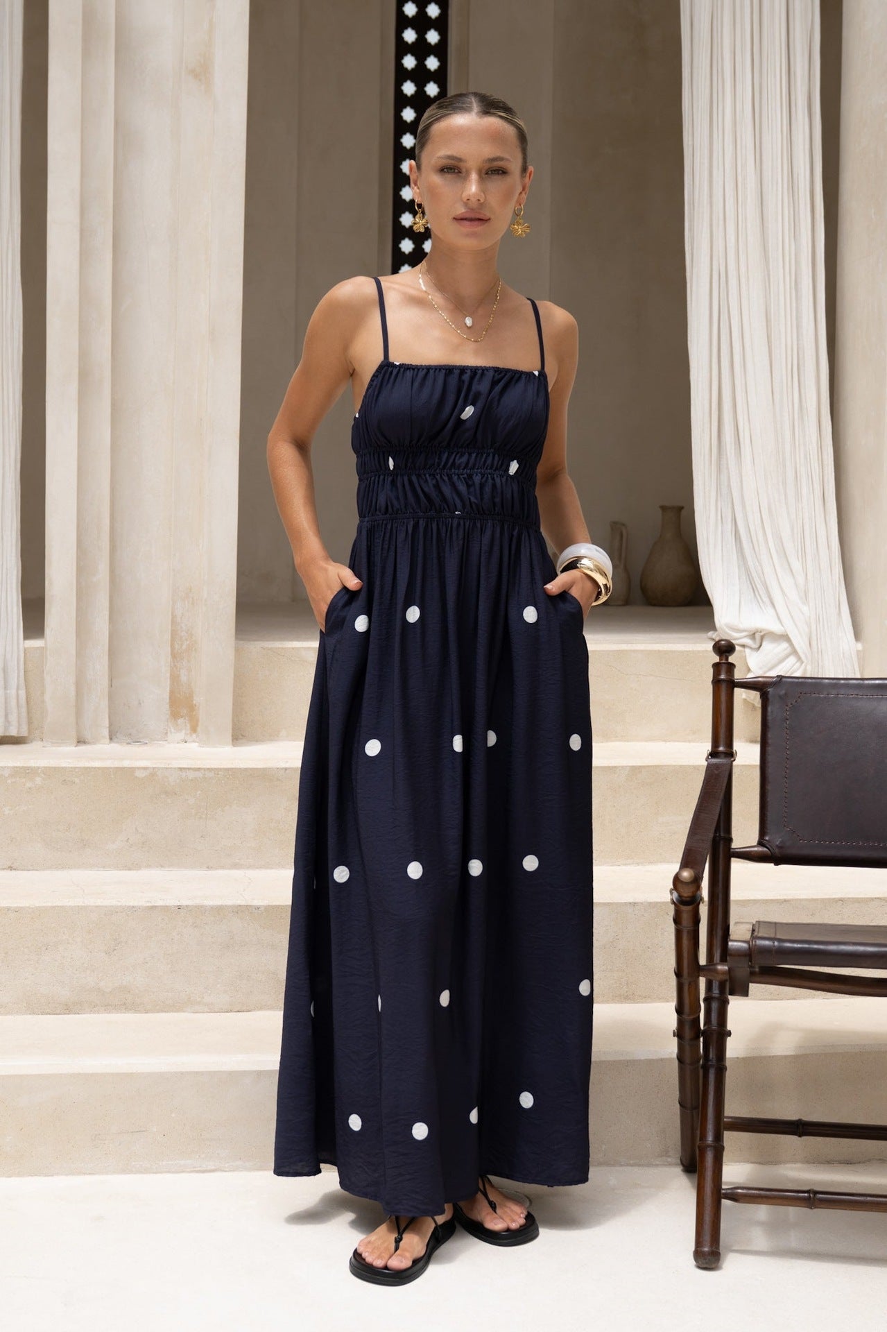 French Spaghetti Strap Ruched Bust White Polka Dot Flowy Maxi Dress