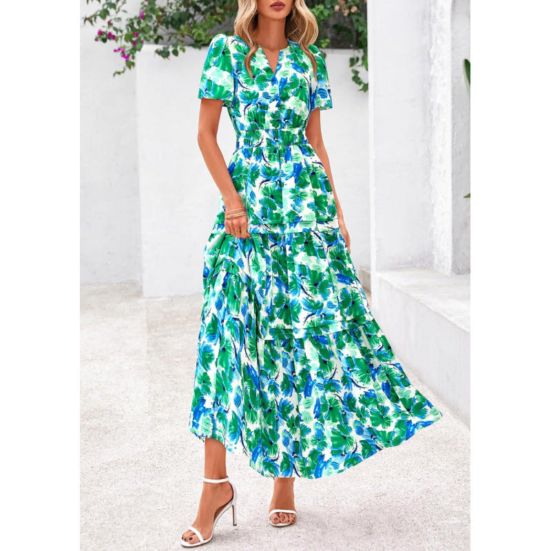 Retro Floral Short-Sleeve V-Neck Dress