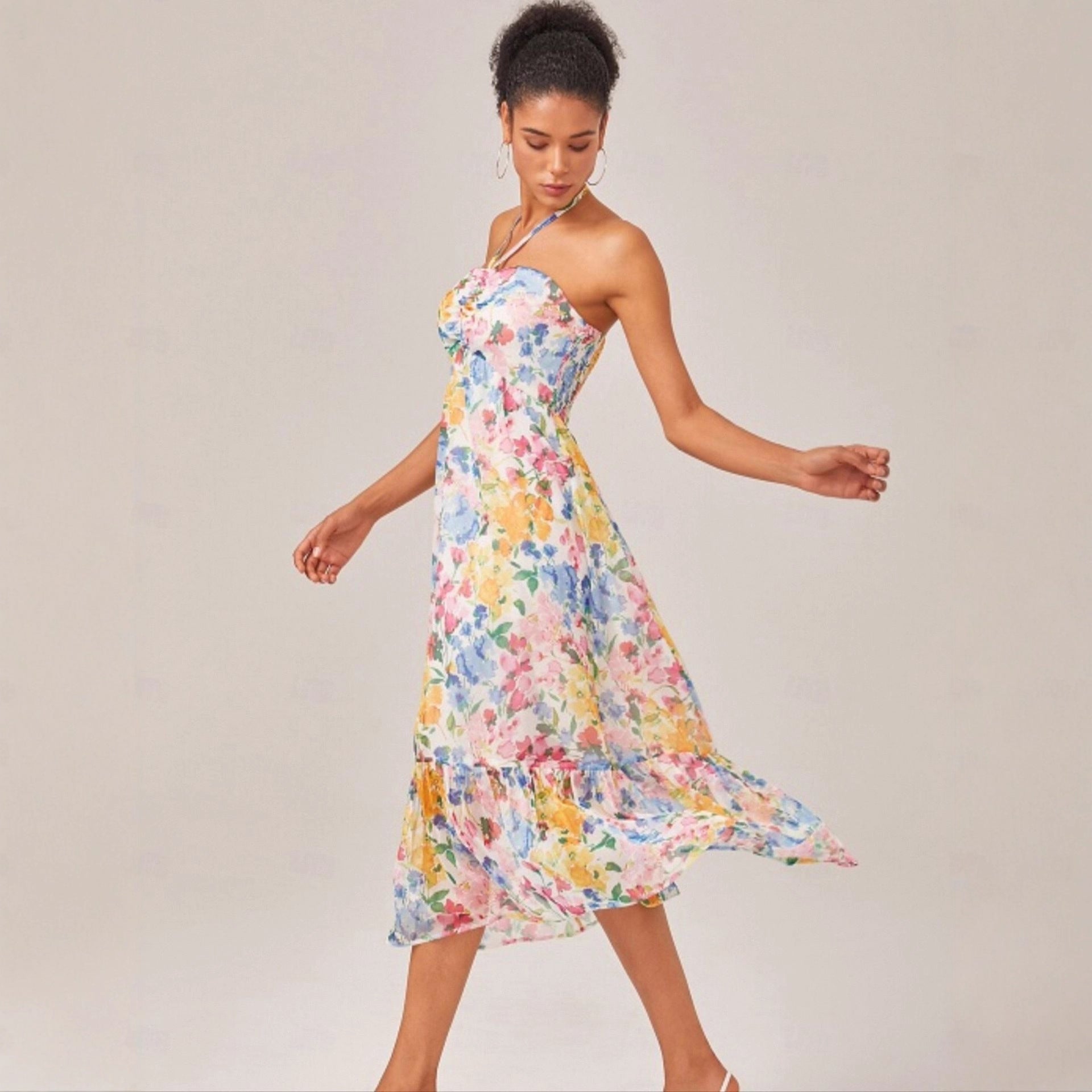Vacation Floral Print Slip Dress Chiffon Halter Maxi Dress