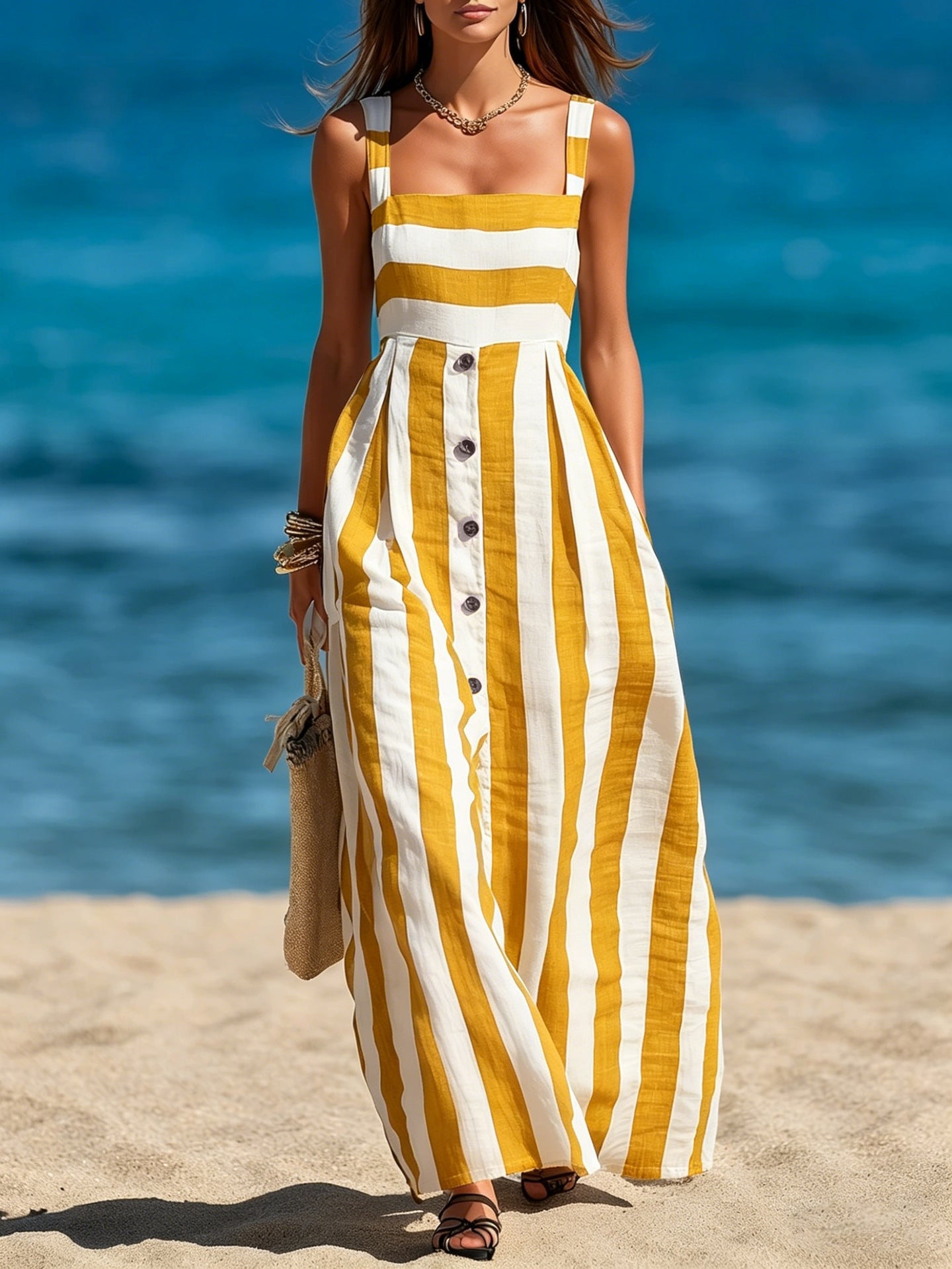 Strap Single-breasted Sleeveless Linen Maxi Dress