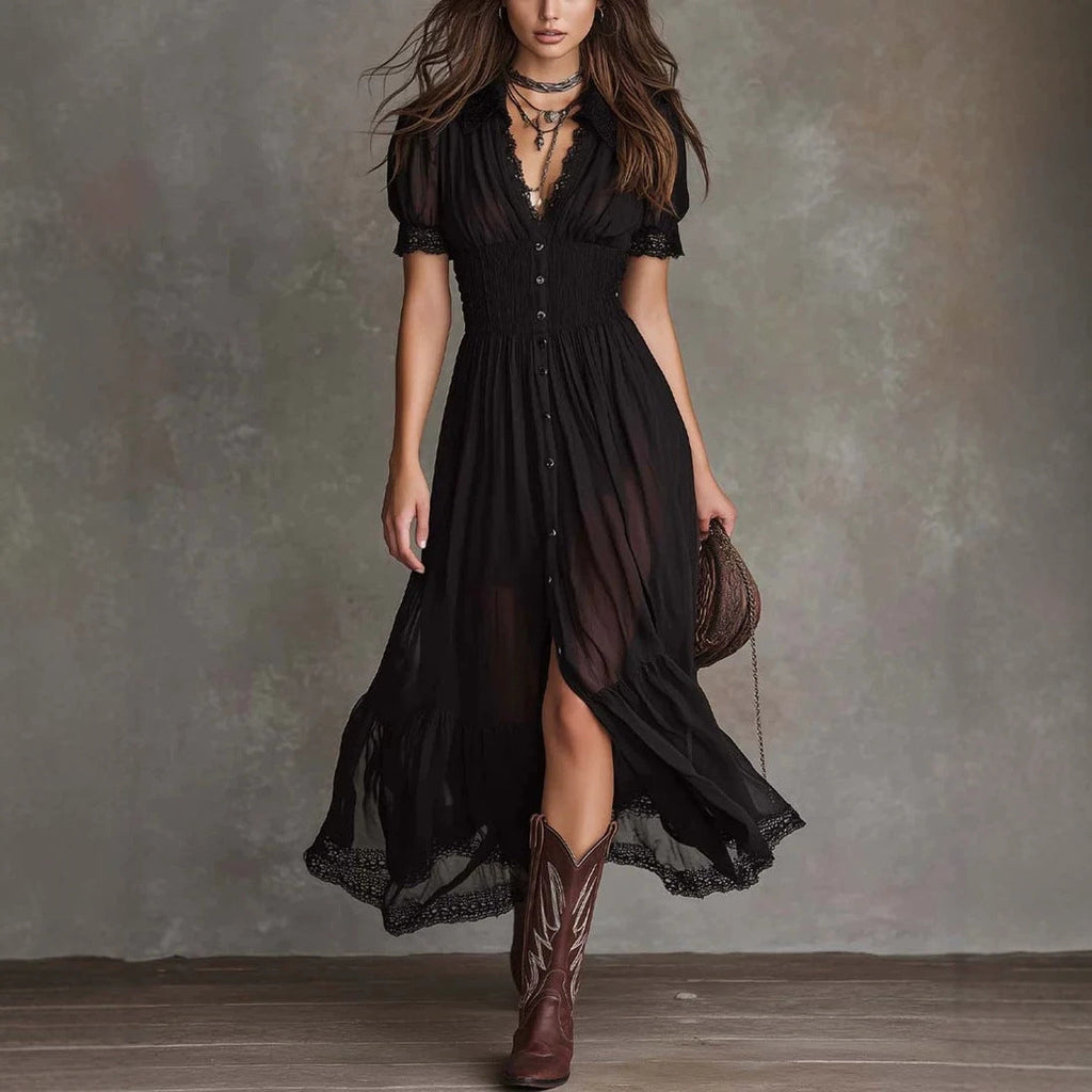 Fitted-waist Ruffled-edge Chic Dark-style V-neck Blouse Dress