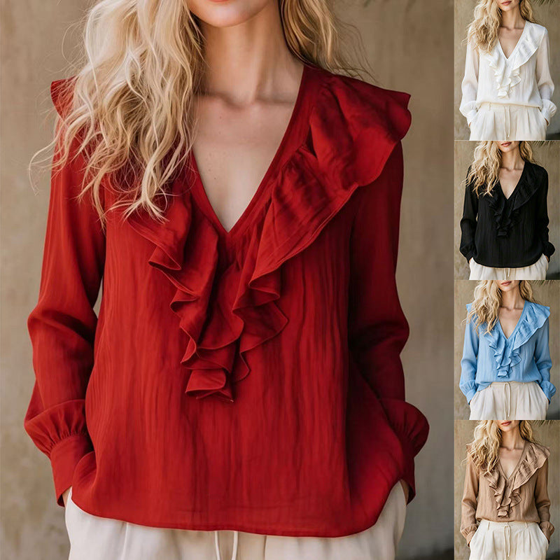 Lace-trimmed V-neck Linen French-style Long-sleeve Top