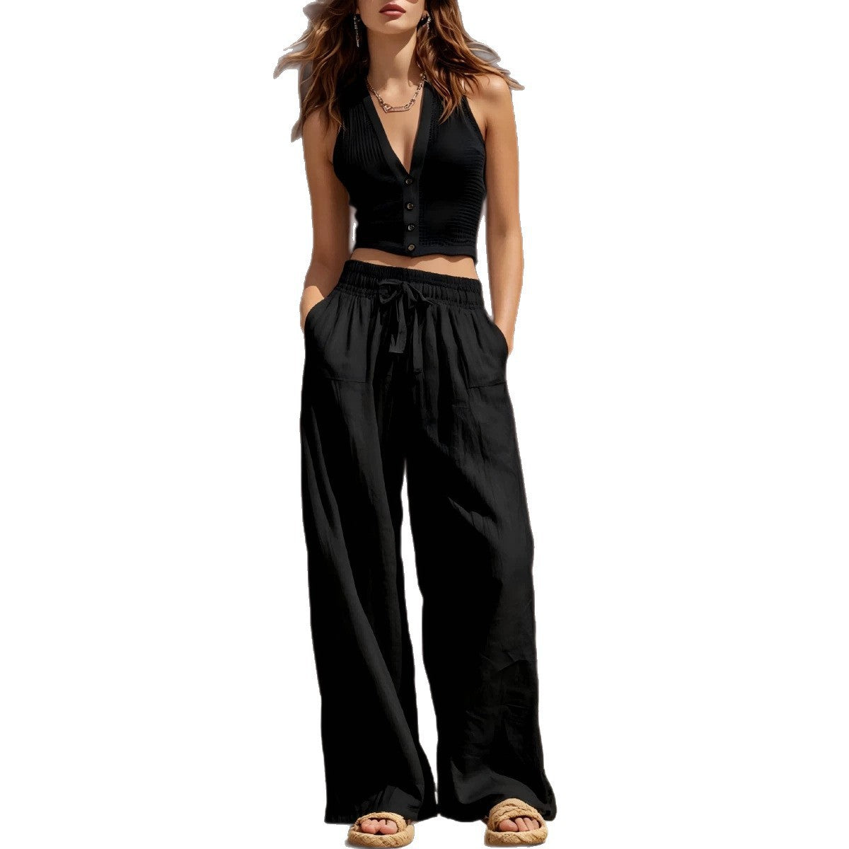Casual Retro Knit Mesh Top And Cotton-linen Wide-leg Pants Set